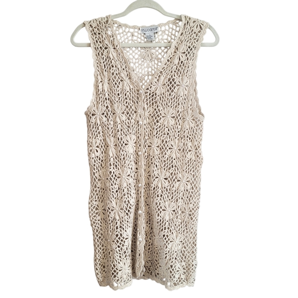 Vintage Silk Cotton Cream Floral Crochet Open Knit Sleeveless Vest Pearls Wmn L